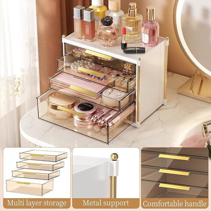 Aveniee 4 Drawers Makeup Organizer- Bathroom Organizers and Storage, Plastic Bins Countertop Perfume Vanity Desk Organization for Cosmetic, Skincare, Face Mask, Jewelry, Gold