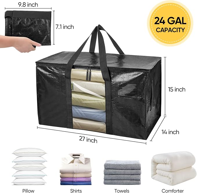 BALEINE 4-Pack Oversized Moving Bags with Reinforced Handles, Heavy-Duty Storage Tote Moving Supplies for Packaging, Camping (Black w/Window, 4-Pack)