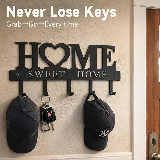 Entryway Key Holder Wall Mount with 5 Hooks, 13" Metal “Sweet Home” Key Rack Organizer for Wall, Decorative Key Hanger for Entryway, Hallway & Mudroom, Housewarming Gift, Black