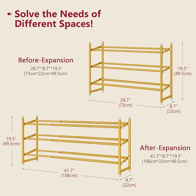 Expandable Shoe Rack for Closet 3 Tier, 28“-41“Stackable, Gold | Adjustable Shoe Organizer Closet Shoe Rack Floor, Metal Shoe Shelf Storage for Entryway, Closet, Garage, Front Door Entrance