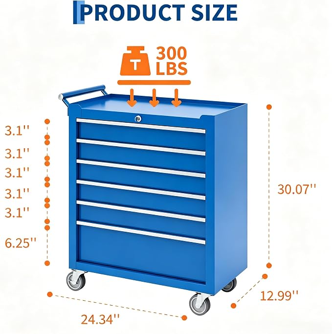 Garvee Rolling Tool Chest, 6 Drawers Tool Storage Cabinet, Toolbox with Wheels, Portable Tool Cabinet Organizer with Locking System & Drawer Liners, Tool Storage Cart for Garage, Workshop, Blue