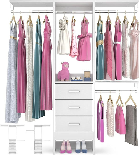 Besiost 4FT Small Closet System with 3 Fabric Drawers, 48'' Closet Organizer System With 3 Adjustable Shelves, Flexible Built-In Clothes Garment Rack for Small Space, 48" L x 13" W x 71" H, White