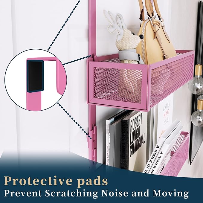 Consumest Over The Door Hooks Organizer - 3 Tier Door Hanger with 9 Coat Hooks & 2 Mesh Basket, Back Storage Organizer Hanging Towels for Bathroom, Bedroom, Pink