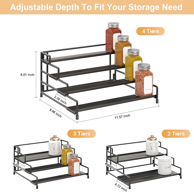 RUILALIFE 4-Tier-Spice-Rack-Organizer-for-Cabinet, Adjustable Depth Spice Holder Shelf For Countertop Pantry Cupboard, Metal Tiered Seasoning Organizer,Display Shelf Riser (Black-2 Pack)