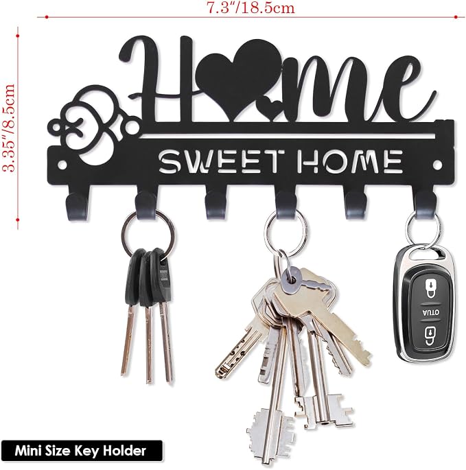 “Home Sweet Home”Key Holder wall Mount(Mini Size:7.3x3.35inches) | Simple Metal Decorative Key Hooks Rack for Entryway Front Door Hallway Garage Office