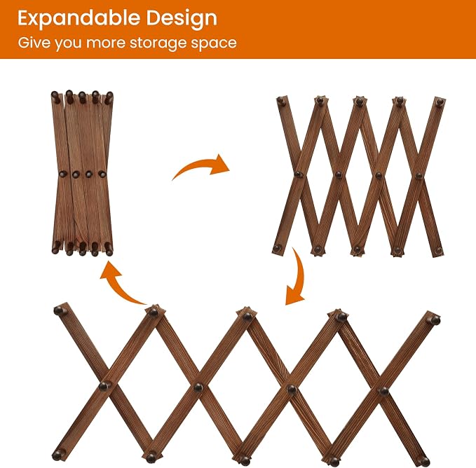 Accordion Wall Hanger, Hat Rack for Wall, Wood Expandable Coat Rack, Vintage Accordian Peg Hooks Purse Organizer for Hanging Baseball Caps, Coffee Mug, Hats, Clothes, Backpack, Towel