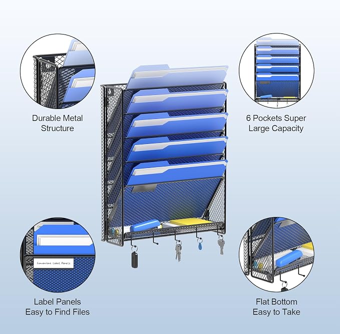 OUTWOLF Hanging Wall File Organizer with Hooks, 6 Tier Vertical Wall Mount File Holder, Paper Document Mail Organizer for Office