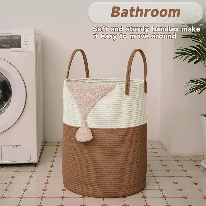 JMvicyroam 80L Cotton Rope Laundry Basket Hamper, White and Brown | Collapsible laundry basket, reinforced handles, freestanding, machine washable, holds 3-5 thick blankets, clothes or toys