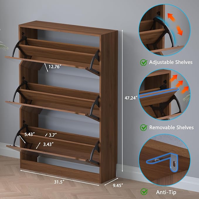 BORNOON Shoe Cabinet with 3-Flip Mirror Drawers, Freestanding Shoe Rack Organizer with Hidden Handle, Slim Narrow Shoe Storage Cabinet for Entryway, Entrance, Hallway, Bedroom