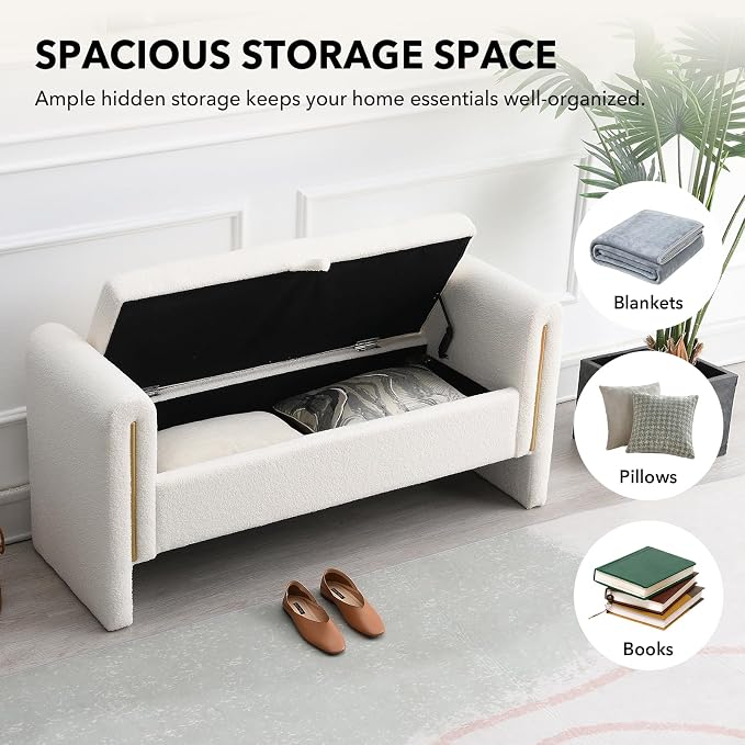 52" Flip-Top Storage Ottoman Bench, Teddy Entryway Bench (White) | Teddy Fleece Upholstered End of Bed Bench with Armrests, Soft Padded Window Bench for Living Room Bedroom Entryway