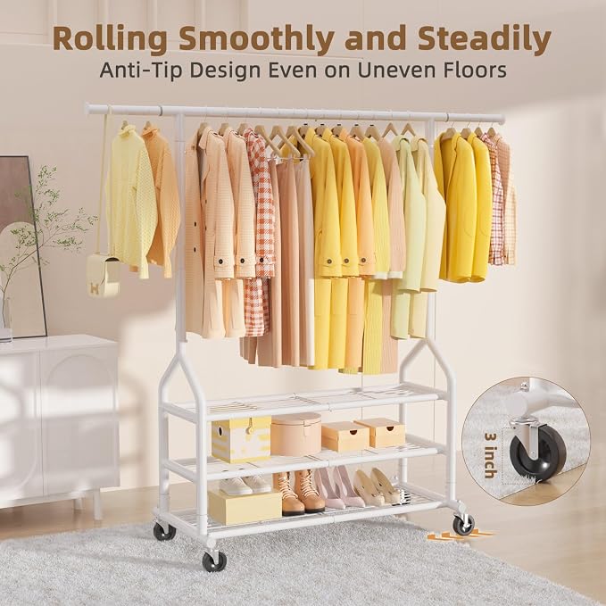 EAGMAK Heavy Duty Clothes Rack Load 688 LBS, Rolling Clothing Rack With 3 Shelves, Adjustable Metal Clothes Hanger with Wheels Portable Wardrobe Organizer Garment Rod for Hanging Clothes (White)