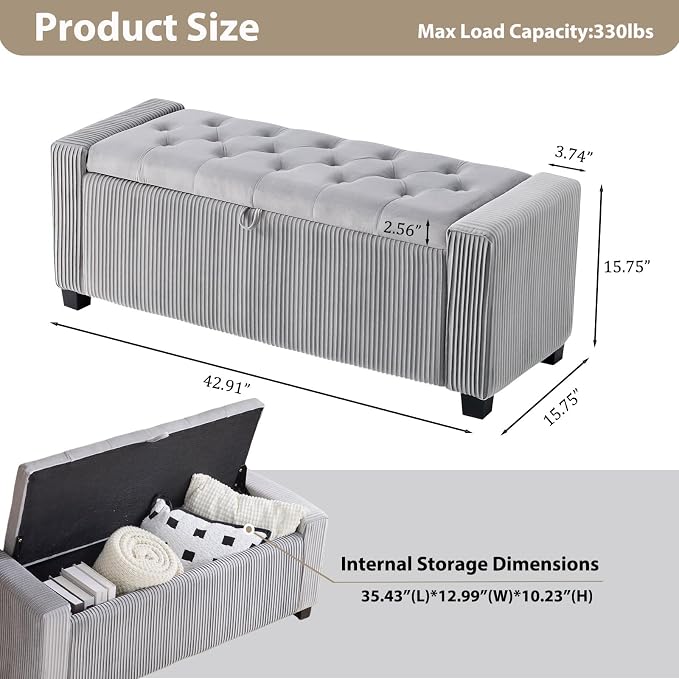 43" Ottoman Bench with Storage for Bedroom, Comfort Upholstered End of Bed Storage Bench with Safety Hinges, Sturdy Wooden Footstool & Shoe Bench for Living Room, Entryway (Grey)