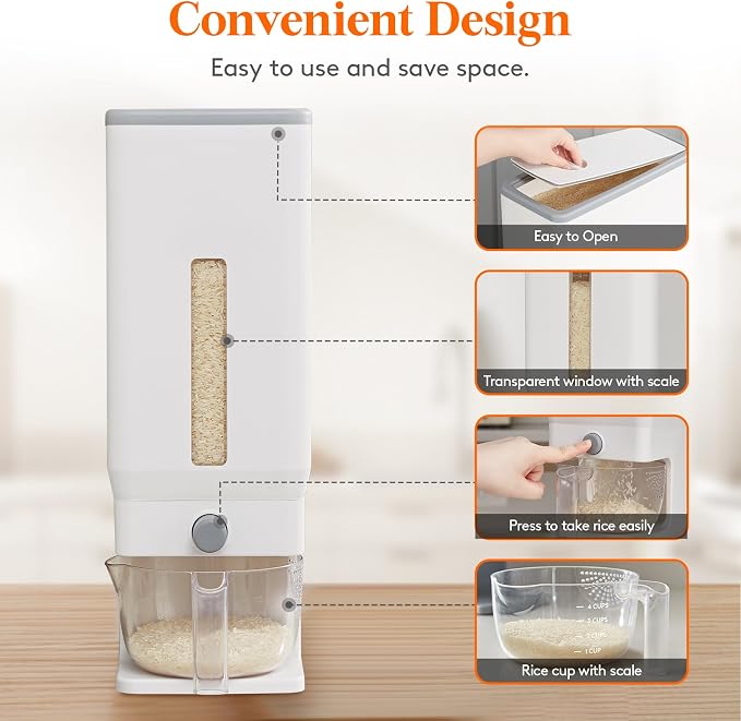 Lifewit 2 Pack Rice Dispenser 25 Lbs(11.3kg), Rice Storage Container Sealed Moisture Proof with Measuring Cup for Kitchen Pantry Household, BPA-Free, White