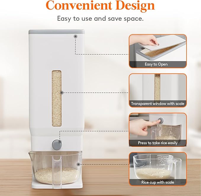 Lifewit Rice Dispenser 25 Lbs(11.3kg), Rice Storage Container Sealed Moisture Proof with Measuring Cup for Kitchen Pantry Household, BPA-Free, 1 Pack White
