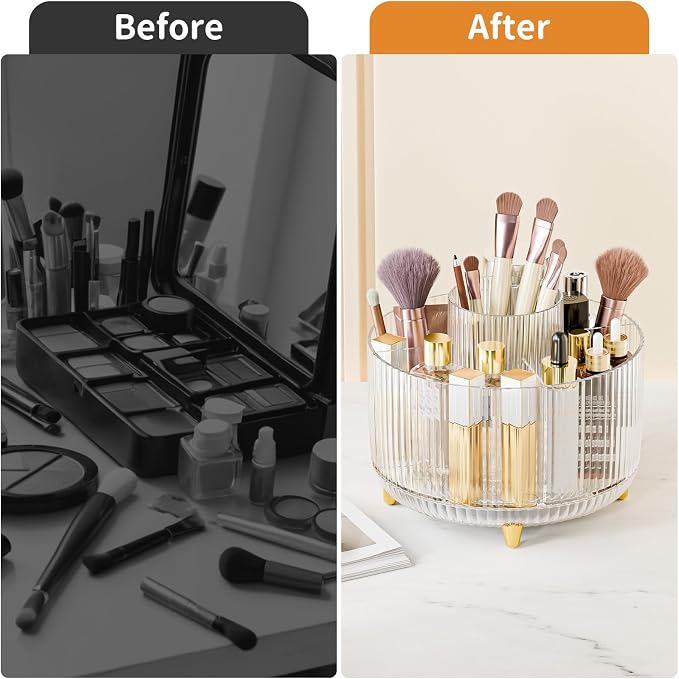 fanado 360° Rotate Makeup Brush Holder Organizer, Makeup Organizers Countertop, Makeup organization and Skincare Storage for Vanity, Desktop, Bathroom (Clear)