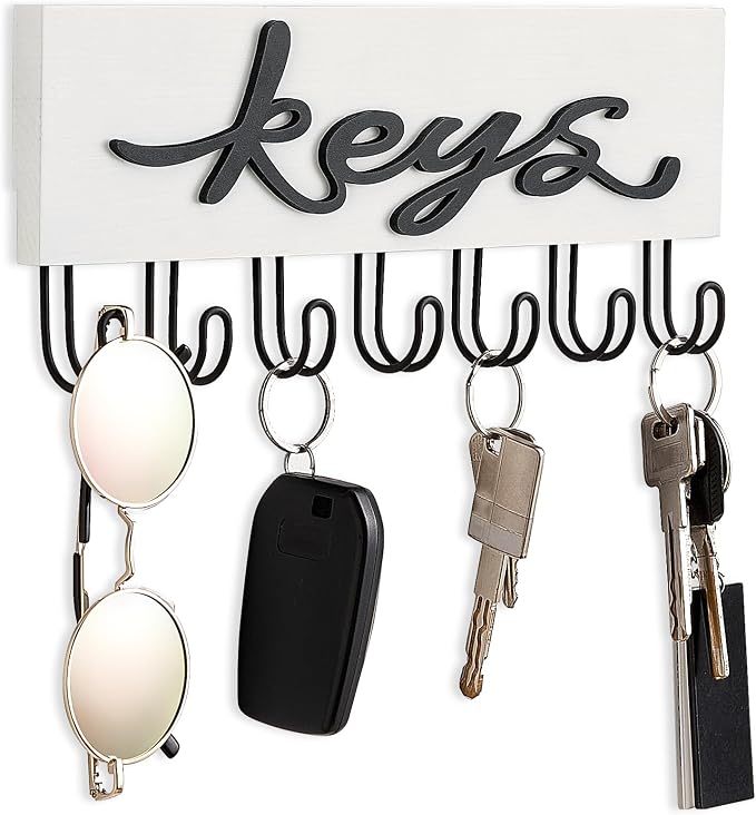 Mkono Key Holder Wall Mounted with 7 Hooks, Wood Key Hanger Home Decor | Decorative Key Hook, Easy Install, Storage Car Key Dog Leashes Sunglasses, Easy-To-Find, Entryway Mudroom Hallway Office Door