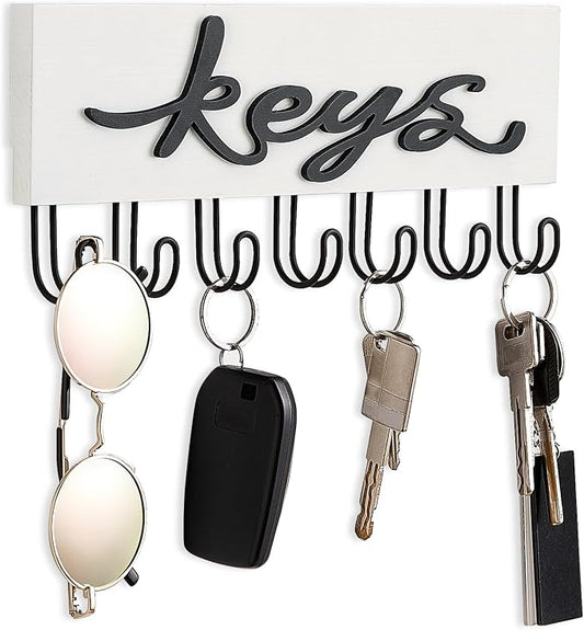 Mkono Key Holder Wall Mounted with 7 Hooks, Wood Key Hanger Home Decor | Decorative Key Hook, Easy Install, Storage Car Key Dog Leashes Sunglasses, Easy-To-Find, Entryway Mudroom Hallway Office Door