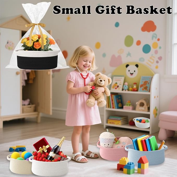 Woven Rope Basket - Baby Gift Basket with Bag & Ribbon, White&Black | Cotton rope with handle, 12 x 8 x 5 in, gift bag and ribbon, for baby shower, birthday, toy storage, nursery, shelf decor