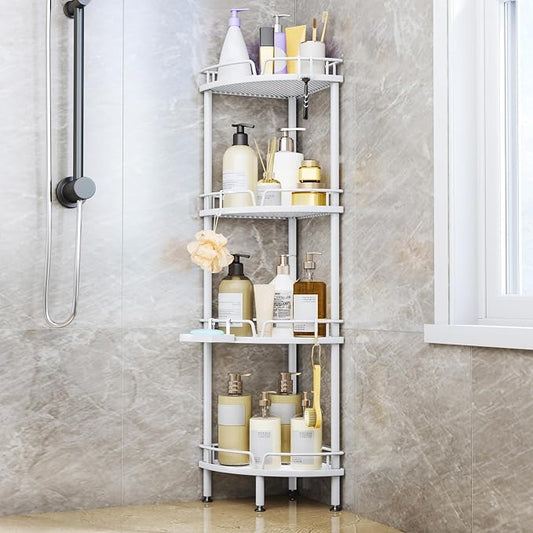 Consumest Corner Shower Organizer Stand - 4 Tier Shower Caddy with Soap Holder, Standing Tall Floor Shower Stand with Adjustable Feet & 4 Hooks, Shower Shelf Rack Storage for Bathroom White