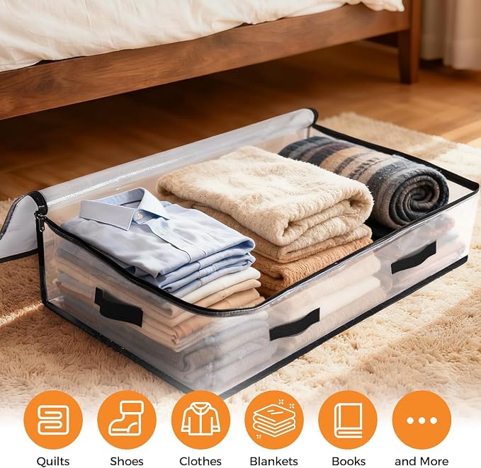 6 Pack Under Bed Storage Bags, 75L Foldable Clear Containers with Handles | Dual Zipper Storage Bins for Comforters, Bedding, Blankets, Closet Organizer for Clothes, Linen Sheets, Sweaters