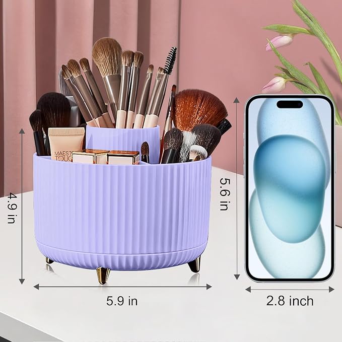 Diesisa Makeup Brush Holder Organizer,360° Rotating Makeup Brush Organizer,5 Slot Make up Brushes Cup for Cosmetics, Nail Polish, Art Supply, Bathroom Vanity Desktop Organizer - Purple