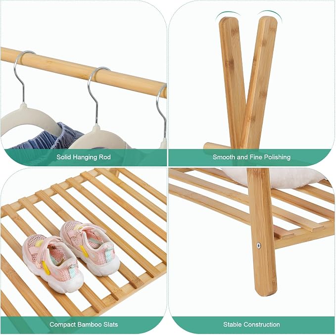 Jotsport Bamboo Kids Clothing Rack with Storage Shelf for Hanging Clothes | Small Child Garment Rack Toddler Wardrobe Closet for Play Room, Nursery, Baby Shower