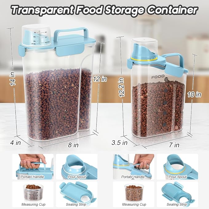 LEAWALK Dog Food Storage Container, Upgraded Large Nozzle BPA-free, 3+5 LBS Plastic Pet Food Storage Containers, With 4 Sealed Clasps, 1 Measuring Cup and Handle (Bright blue)