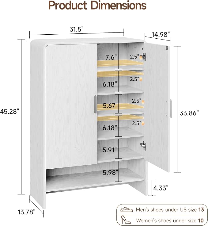 6-Tier Shoe Storage Cabinet, 45'' Large Farmhouse Shoe Cabinet for Entryway, Modern Wooden Shoe Rack Organizer with Doors and Shelves, for Front Door Hallway (White)