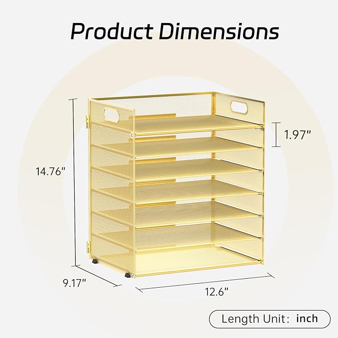 7 Tier Paper Organizer for Desk with Mesh Letter Trays and Handle Gold | Desk File Organizer with Handle for Sorting Papers, Files, Folders, Mail, Bills and Office Supplies