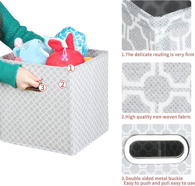Fabric Cloth Storage Bins,Fabric Cube Organizer with Dual Handles Foldable Cube Storage Baskets for Home Bedroom Storage,Set of 6,（Light Grey）