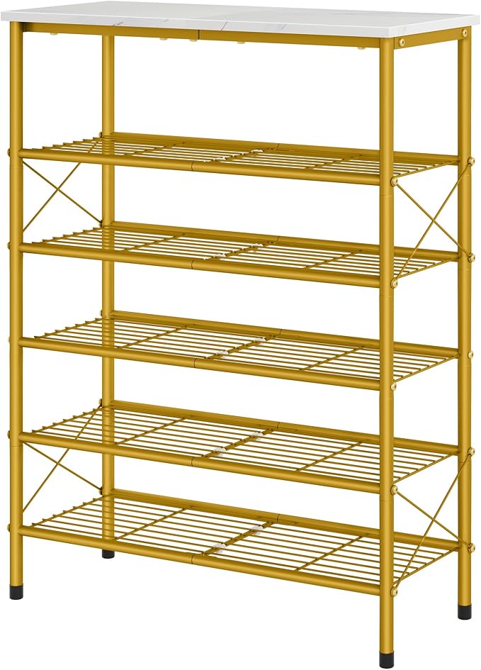 6 Tier Shoe Rack Organizer for 20-24 Pairs of Shoes, Metal Mesh Shoe Shelf for Closet, Industrial Shoe Rack for Entryway Shoe Storage with X Shape Fixed Frame, White & Gold | Sturdy & Durable, X Shape Fixed Frame, Metal Mesh Shoe Shelf, Industrial, For...