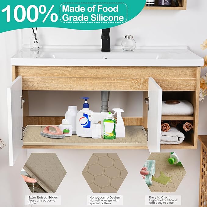 Silicone Under Sink Mat, 34"x22", Waterproof Cabinet Liner, Khaki | Shelf Liner, Cabinet Protector, Home Organizer, for Kitchen, Bathroom, Multipurpose, Leak Proof, Easy Clean, Drip Tray, Clean
