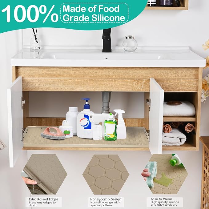 Silicone Under Sink Mat, 28"x19", Waterproof Cabinet Liner, Beige | Shelf Liner, Cabinet Protector, Home Organizer, for Kitchen, Bathroom, Multipurpose, Leak Proof, Easy Clean, Drip Tray, Clean