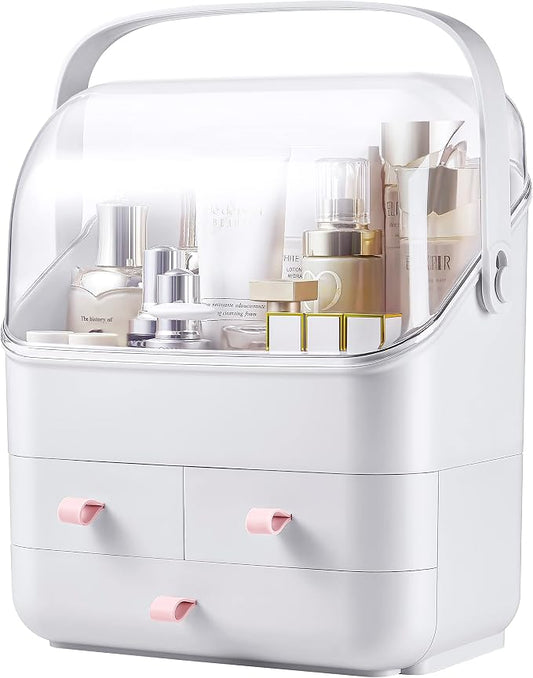 SUNFICON Makeup Organizer Cosmetic Organizer Makeup Storage Holder Box Crystal Clear Lid w Handheld 3 Drawers Dustproof Waterproof for Vanity Bathroom Countertop Birthday