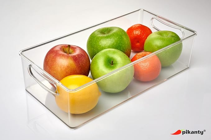 Pikanty Clear Refrigerator Organizer Bin with Handles — 11 Inch Compact Stackable Fridge and Pantry Storage Container for Snacks, Yogurt, Condiments, Dishwasher Safe, Made in USA