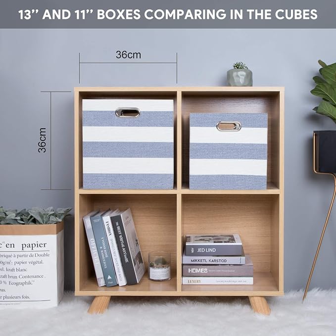 Posprica Storage Basket Bins,11×11 Collapsible Storage Cubes Fabric Drawers for Nurseries,Offices,Closets,Home Décor (Set of 4, Blue-white Striped)