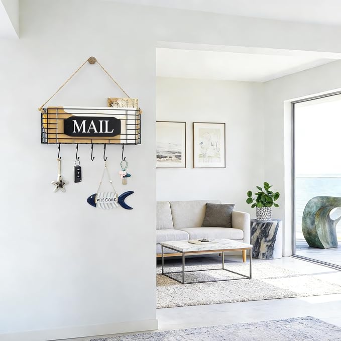 SRIWATANA Rustic Mail Organizer Wall Mount, 5 Key Hooks, Large Size, Black | Mail Holder Key Holder for Wall, Hanging Mail Sorter, Letter Basket for Receipts Bills Envelopes, Home & Office Organizer