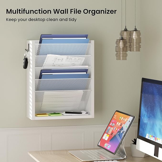 Mail Organizer Wall Mounted, 6-Slot Hanging File Organizer with Key Holder | Mail Sorter, Wood Letter Holder for Envelopes Bills Magazine Folders Papers Accessories for Home Office, White