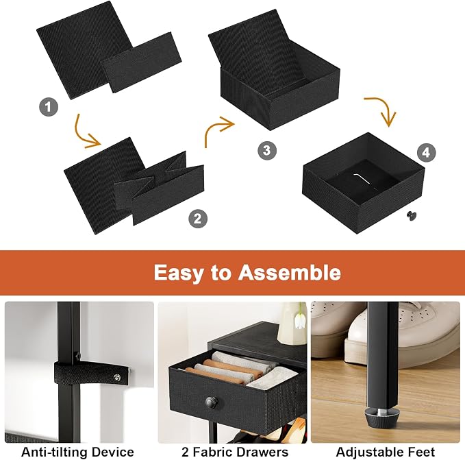 5 Tier Shoe Rack with 3 Drawers Black | Holds 24-30 pairs. 3 drawers for accessories. Fabric shelves keep shoes dust-free. Quick 20-min assembly.