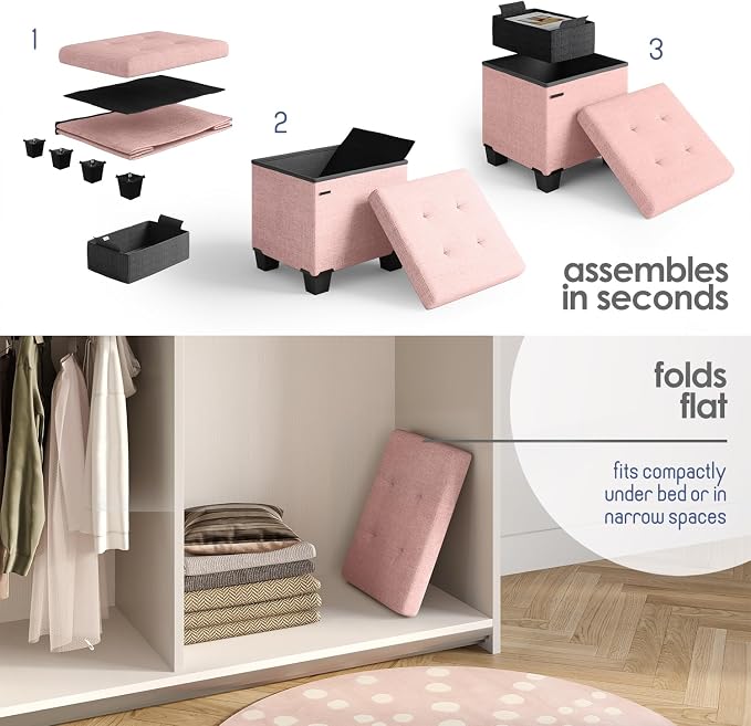 Storage Ottoman Cube with Small Bin, 15-in Square Ottoman with Storage for Living Room and Bedroom, Small Ottomans Foot Rest, Fabric Foot Stools Ottomans Max 330lbs, Pink