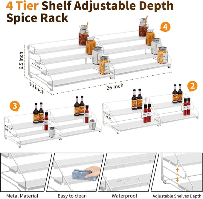 BOIVSHI Spice Organizer for Cabinet, Depth Adjustable Spice Rack, White | 4 Tier Spice Rack for Countertop, 2 Pack Spice Organization for Cabinet, Easy to Assemble Spice Cabinet Organizer