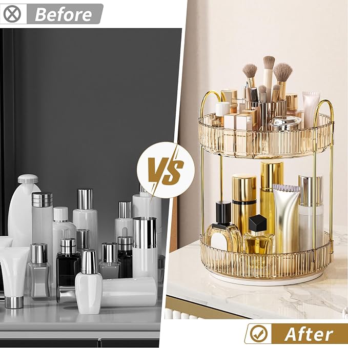 360 Rotating Makeup Organizer - Large-Capacity Skincare & Makeup Storage with 2-Tier Perfume Organizers, Cosmetic Dresser & Makeup Brush Holder - Fits Bedroom, Bathroom, Vanity Shelf & Countertop