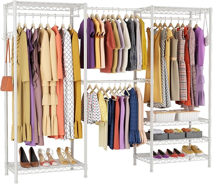 Heavy Duty Clothing Rack with Adjustable Shelves Clothes Wardrobe | Coat Rack Metal Closet Organizer and Storage Garment Rack for Hanging Clothes Wire Portable Cloth System Free Standing White