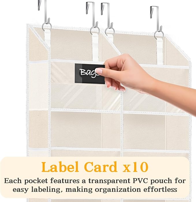 Ofiray-home Over the Door Organizer, 5-Tier Extra Large Storage with 10 Pockets and PVC Label Pouches, 80 lbs Capacity Hanging Closet Organizer, Beige
