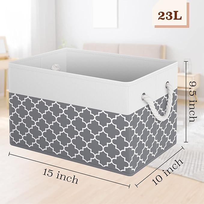 Fab totes Storage Bins 4-Pack, Foldable Storage Baskets for Organizing Toys, Books, Shelves, Closet, Large Storage Box with Rope Handles, Sturdy Organizer Bins,Clover Grey