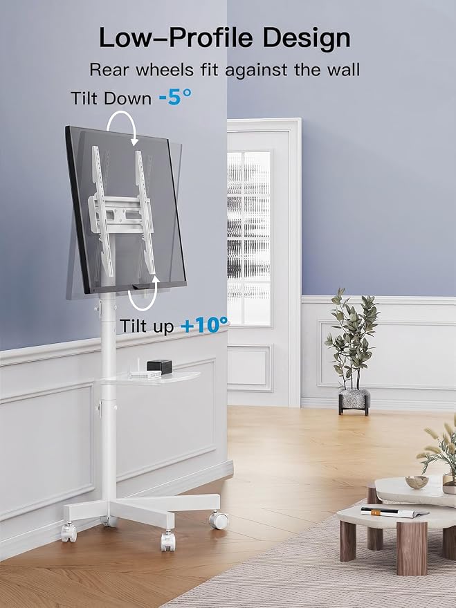 PERLESMITH Rolling White TV Stand for 23–65 Inch TVs up to 99 lbs, Portable TV Stand on Wheels with Height Adjustable Shelf, Outdoor Mobile White TV Cart for Bedroom, Max VESA 400x400mm, PSTVMC04W