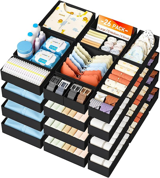 DIMJ Drawer Organizer Clothes 26 Pack - Foldable Baby Organizers and Storage & Closet Organizers for Bedroom, Closet - Nursery Organization Dresser Dividers for underwear, Sock,Bra, Belt, Tie,Black