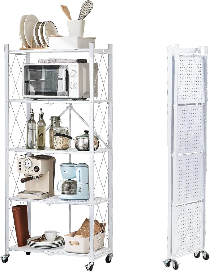 BRIAN & DANY 5-Tier Foldable Storage Shelves with Wheels, Folding Metal Rack Shelving Unit, Heavy Duty No Assembly Organizer Shelf for Garage, Kitchen, Basement, Pantry, White