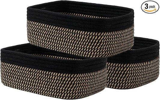 KALLAX Small Woven Storage Basket for Organizing, 12 x 8 x 4.5 inch, 3 Pack | Shelf baskets for closet organization, toy storage and home decor, Perfect as empty gift baskets for holidays, Black & Brown