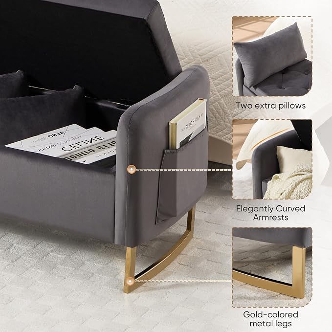 48" End of Bed Bench, Modern Storage Benches with Button-Tufted, Velvet Upholstered Storage Ottoman Bench for Foot of Bed with Arms, Gold Legs Window and Entryway, Dark Grey